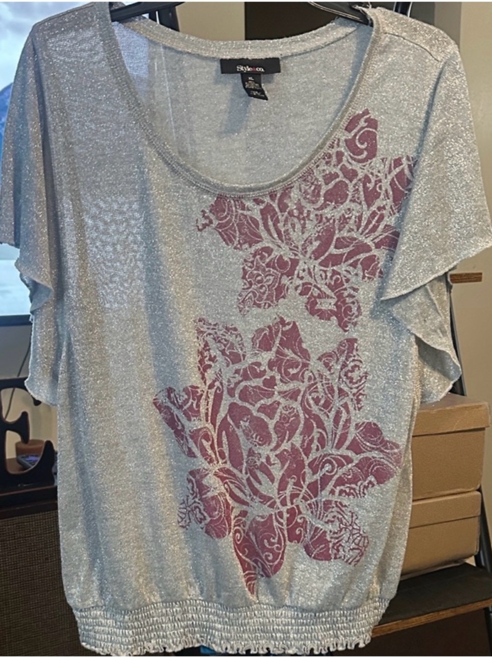 Style & Co. Silver Top with Pink Floral Design